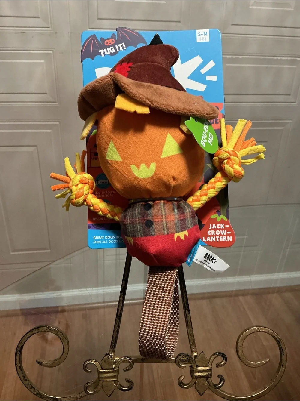 New Bark Jack Crow Lantern Dog Toy Scarecrow Tug Strap Crinkle Squeaker 12”